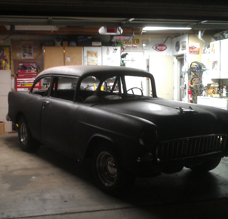 1955 Chevy burnout black primered small block Chevy